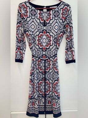 Liz Claiborne Navy, Coral and White Printed 3/4 Sleeve Dress